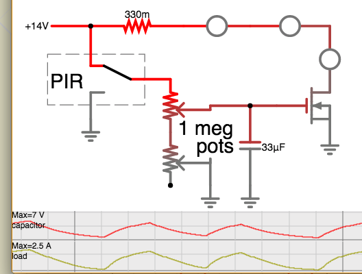 PIR sensor charges cap thru 1 pot discharges through 2nd pot (biases mosfet fades led's).png