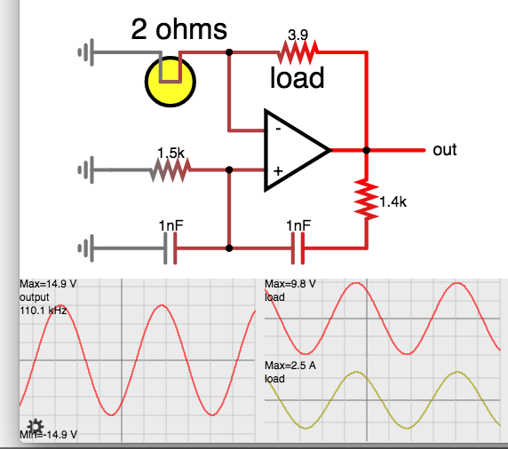 Wien bridge oscillator op amp 110 kHz with bulb stabilization.png