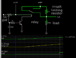 cap NPN delay 1 mSec then relay On w inrush  limiting resis.png