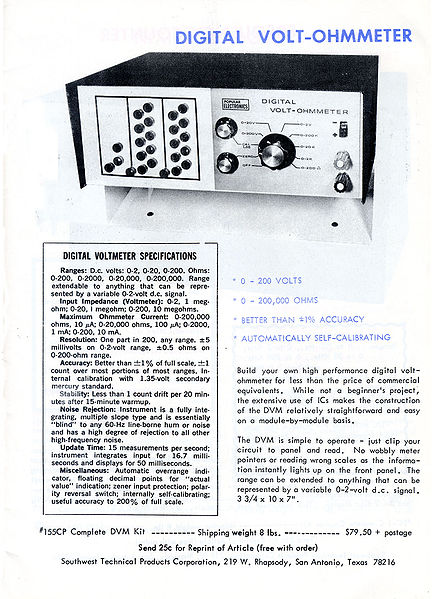 Digital Volt Ohmmeter
Southwest Technical Products Corporation catalog circa 1969. Founded by Daniel Meyer in 1964, 
SWTPC sold kits of parts for elec