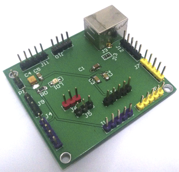 Top view of the control board, showing in purple the connectors for home and end position sensors. In Yellow and black (near USB port) the outputs to 